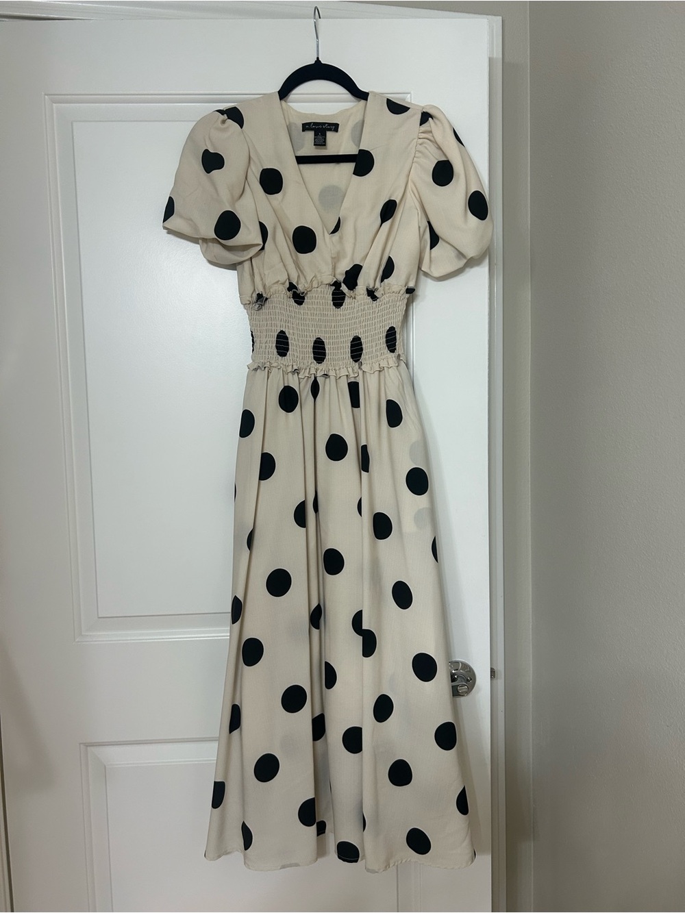 Cream Polka Dot Puff Sleeve Maxi Dress with Smocked Waist